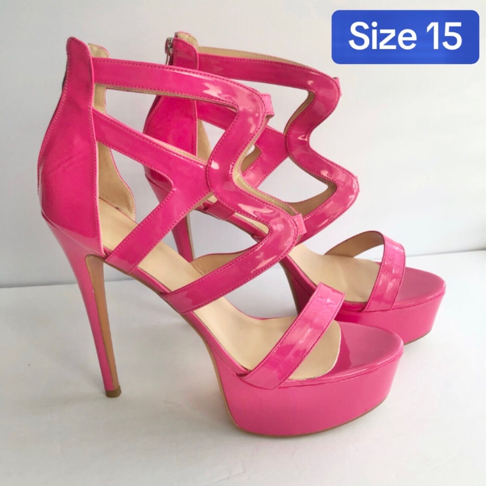 SIZE 15 Hot Pink Patent Leather Open Toe Ultra Platform Stiletto High Heels